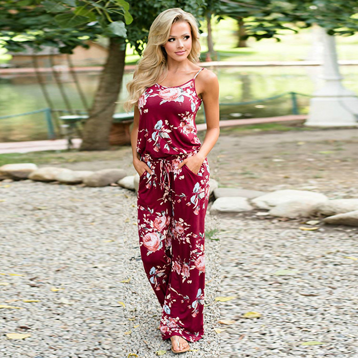 SZ60131-5  floral neck jumpsuits wide leg pants Casual jumpsuit